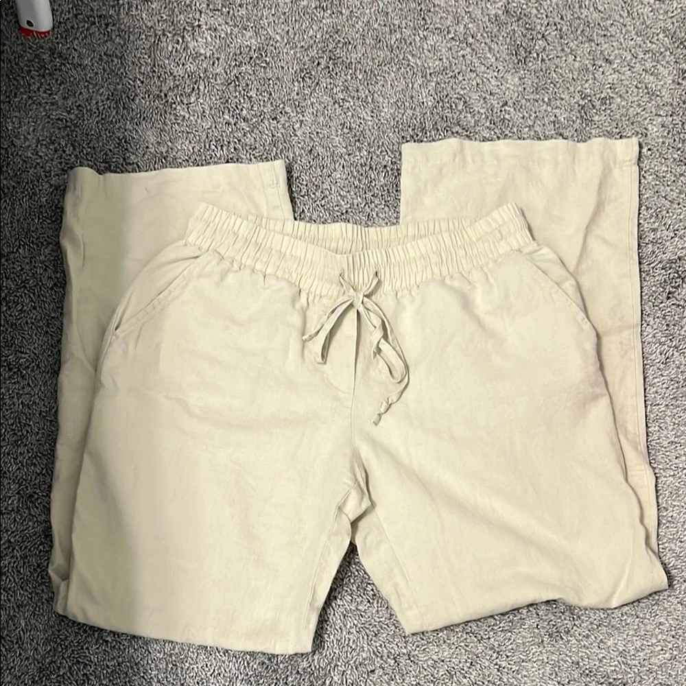 Beige Linen Drawstring Pants - Picture 1 of 3